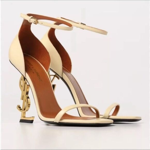 Saint Laurent Opyum YSL Logo Beige Gold High Heel Sandal Size EU 40 US 10 - Picture 1 of 11